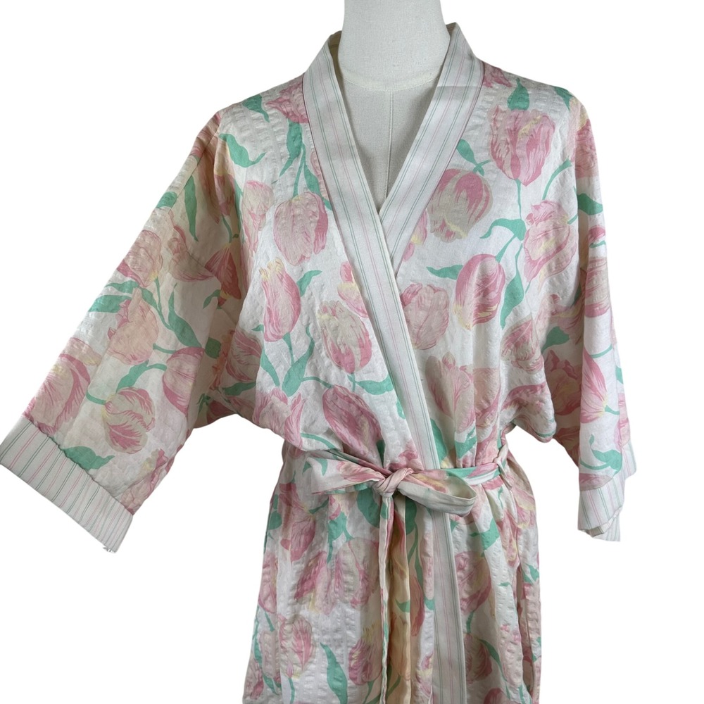 Miss Elaine Robe Women L Pink Floral Vintage Seersucker Loungewear Cottagecore